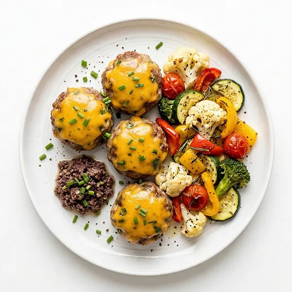 Cheesy Chives meatballs with olive tapenade and keto vegetable mix